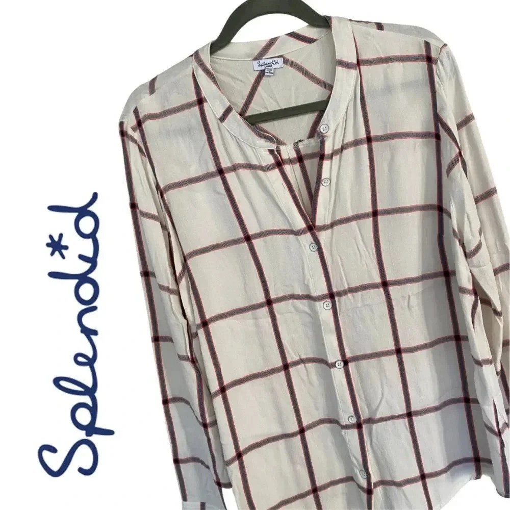 Splendid, Plaid Button-up Long Sleeve Top, White, Blue and Red plaid